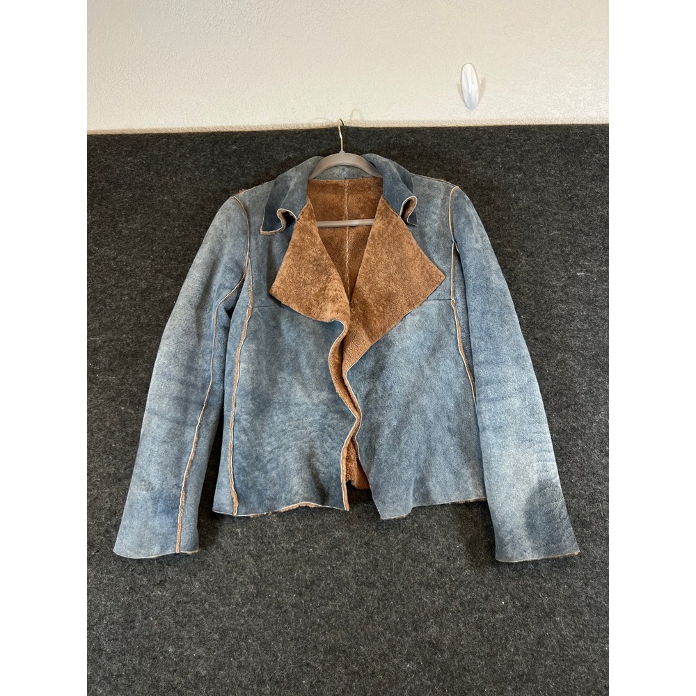 Illia Blue Distressed Leather Shearling Lined Open Front Jacket 6 Made in USA